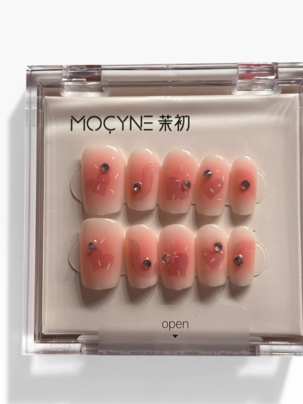 Pink Heart Ombre Press-On Nail Set with Rhinestones